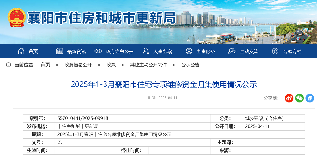 2025年1-3月襄阳市住宅专项维修资金归集使用情况公示